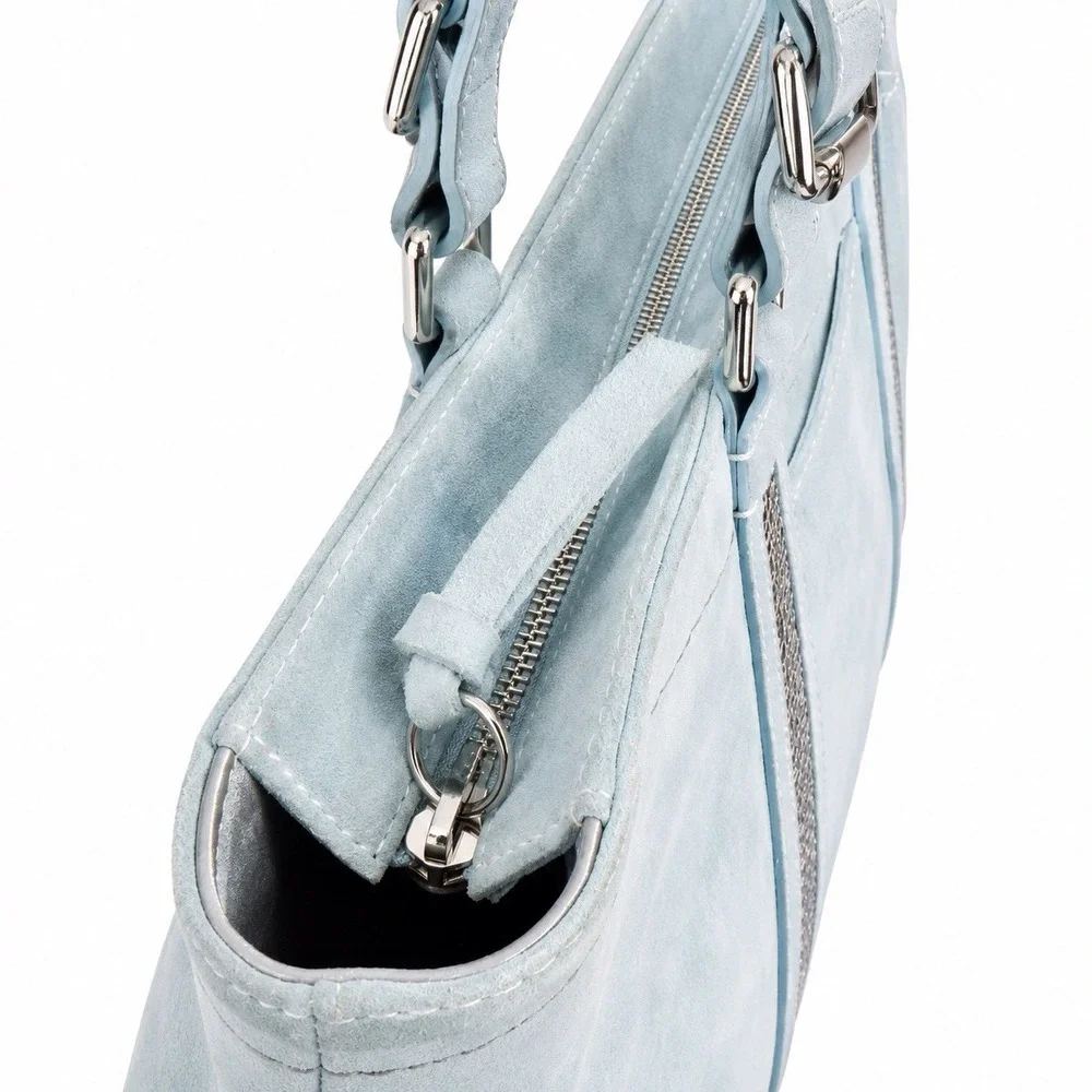Coach 2005 Leatherware Metallic Bead‎ Suede Gallery Tote Blue Silver J05J